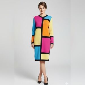 Antonella Preve New York Vintage Knit Color Block‎ Long Sleeves Dress